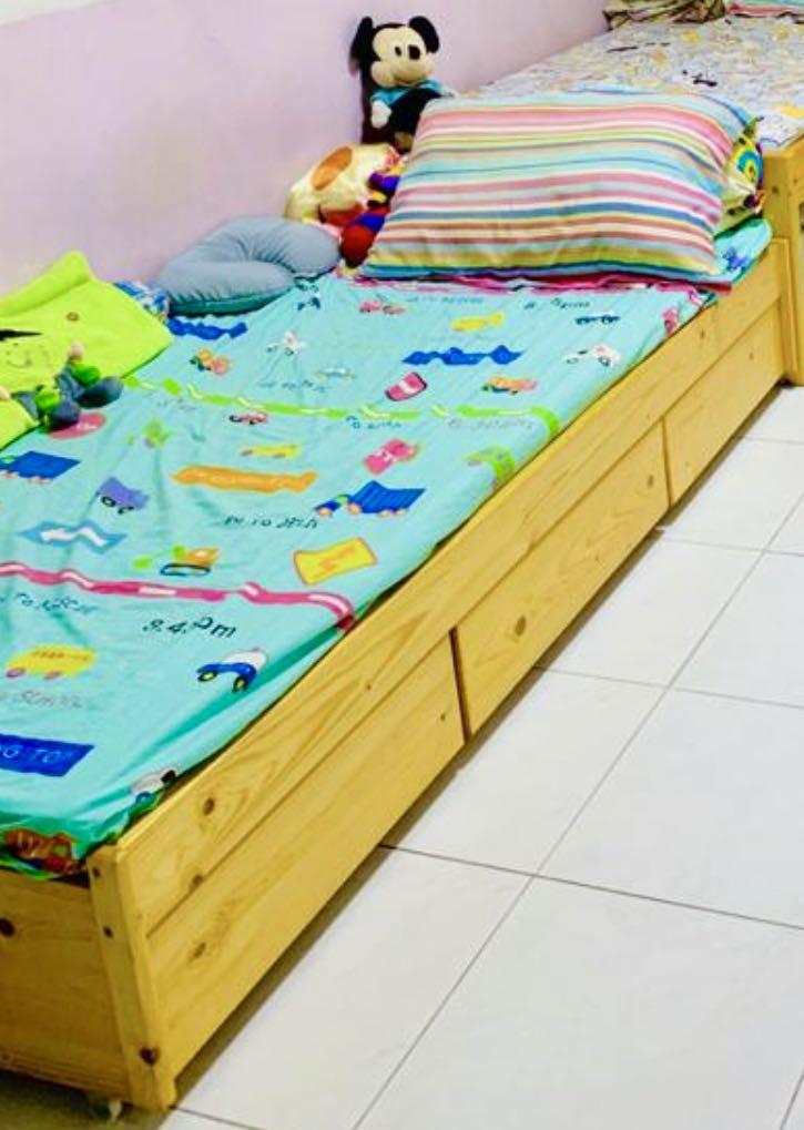 Single bed frame with 3 drawers and wheels, Furniture & Home Living