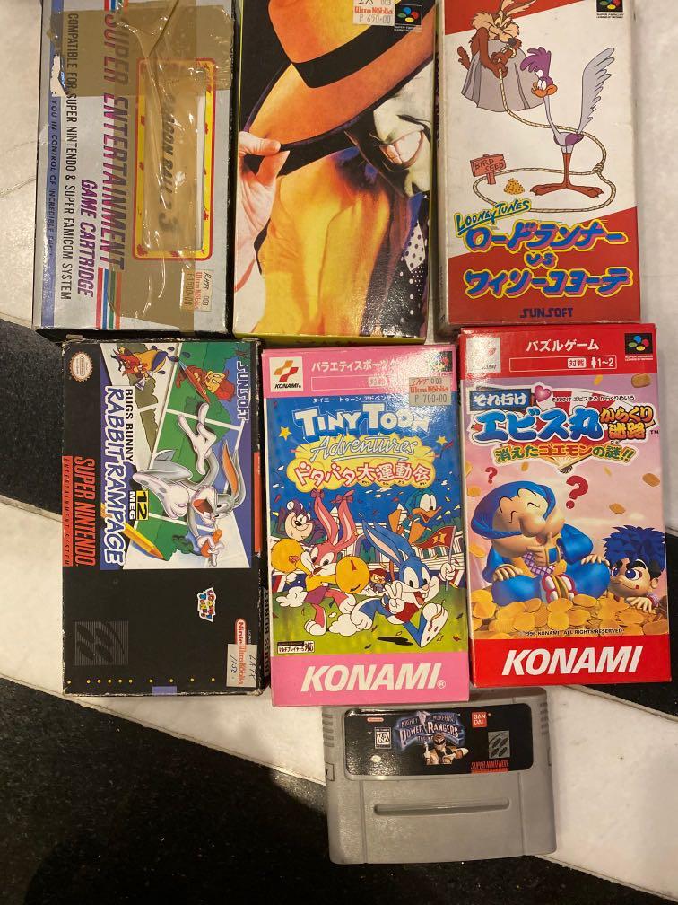 Super famicom cartridges (Category: Nintendo) located in Pasig City. Submitted by chan_robert_jr (Listing ID 1047457046, Image 1). Description: 1. Looney tunes road runner vs cayote 2. Mask 3. Tiny toons adventure 4. Bugs bunny rabbit rampage 5. Dragon ball z 3 6.goemon 7. Mighty morphin power rangers the movie.