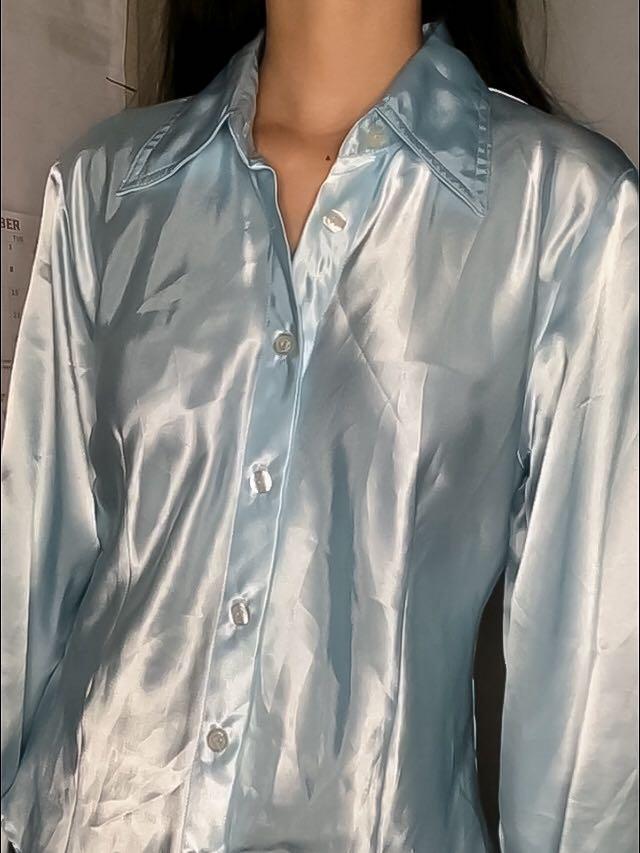 Thrifted Light Blue Silk Satin Button Down Top Harry Styles Inspired Women S Fashion Tops On Carousell These are the most common type of shirt button down shirts are slightly smarter, and with a skinny tie and fitted blazer, they can make you look very fashionable. carousell