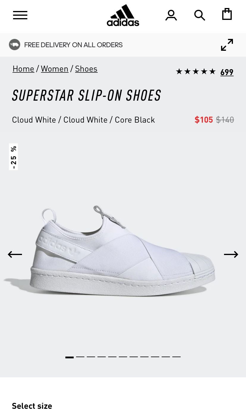 adidas superstar slip on size