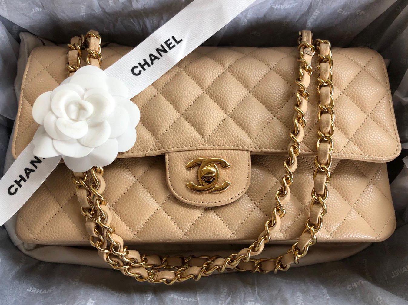 🆕 AUTHENTIC CHANEL MEDIUM CLASSIC FLAP BEIGE CLAIRE IN GOLD HARDWARE,  Women's Fashion, Bags & Wallets, Shoulder Bags on Carousell