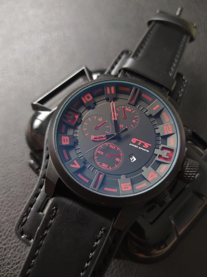 Mens black leather dress watch sale