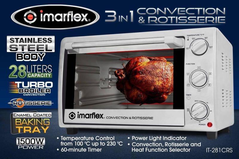 Imarflex Convection Oven (Category: Ovens & Toasters) located in Manila. Submitted by pickandclick.mart (Listing ID 1047698998, Image 2). Description: Imarflex Convection Oven 21L Model Code: IT-210CS Price: 3,350 Also available: 🌟3in1 Convection and Rotisserie (28L) IT-281CRS 🌟3in1 Convection and Rotisserie (30L) IT-300CRS 🌟 3in1 Convection and Rotisserie (35L) IT-350CRS 🌟 3in1 Convection and Rotisserie (42L) IT-420CRS 🌟 3in1 Convection and