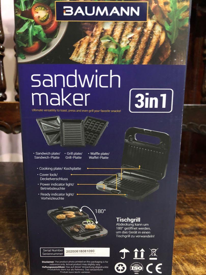 BAUMANN 3 IN 1 SANDWICH MAKER (Category: Other Kitchen Appliances) located in Manila. Submitted by jm_blgr (Listing ID 1047935076, Image 2). Description: ***BRAND NEW ITEM*** BAUMANN LIVING 3 IN 1 SANDWICH MAKER (1) Comes with 3 interchangeable cooking plates – Sandwich, Grill and Waffle (2) Plates heat up quickly for faster preparation (3) Red power on and green preheat lights let you know when it’s time to cook (4) Easy-open cool touch handle w