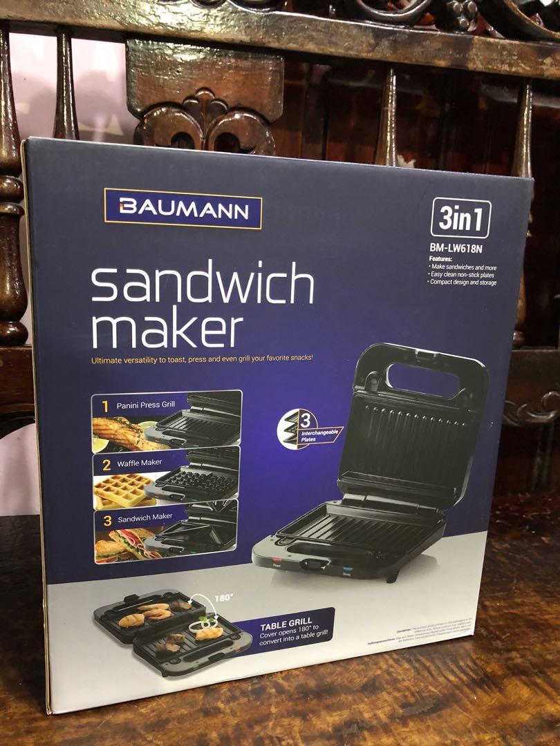 BAUMANN 3 IN 1 SANDWICH MAKER (Category: Other Kitchen Appliances) located in Manila. Submitted by jm_blgr (Listing ID 1047935076, Image 1). Description: ***BRAND NEW ITEM*** BAUMANN LIVING 3 IN 1 SANDWICH MAKER (1) Comes with 3 interchangeable cooking plates – Sandwich, Grill and Waffle (2) Plates heat up quickly for faster preparation (3) Red power on and green preheat lights let you know when it’s time to cook (4) Easy-open cool touch handle w