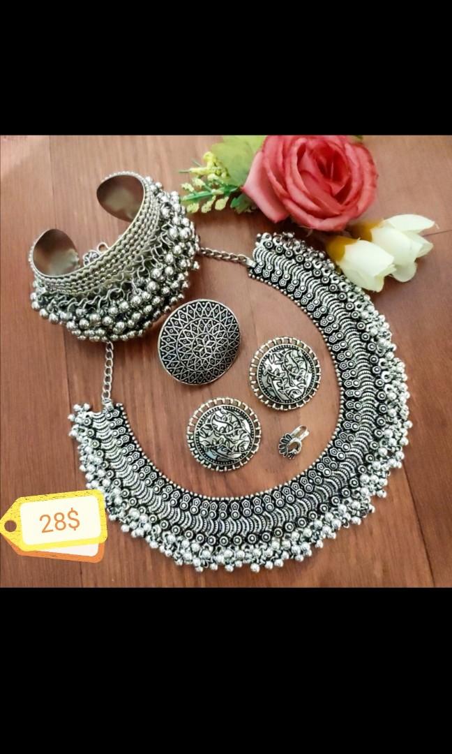 Ready stock oxidised german silver necklace jewellery combo set