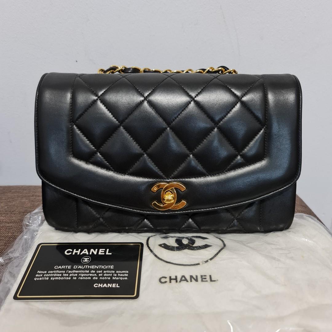 Authentic Vintage Chanel Diana 9 Flap Bag in Black Lambskin with 24K Gold  Hardware GHW