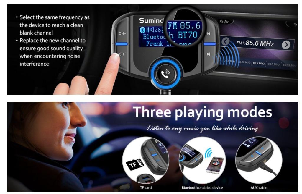 BNIB] SUMIND (BT70B) (Upgraded Version) Bluetooth FM Transmitter, Wireless  Radio Adapter, Hands-Free Car Kit with 1.7 Inch Display, QC3.0  Smart 2.4A  Dual USB Ports, AUX Input/Output, TF Card Mp3 Player, Car