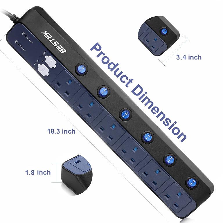FreeDelivery BESTEK Individually Switched Extension Lead 6 Way Plug