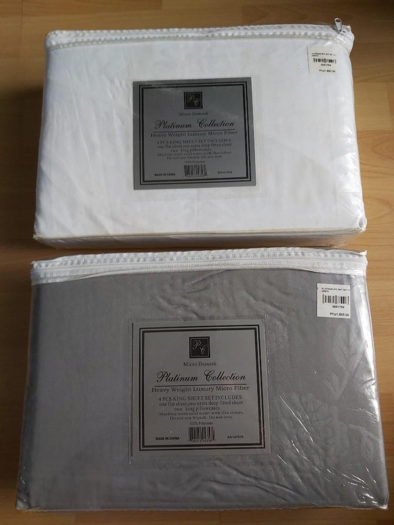 King Size Bed 4 Pcs Sheet Set (1 Available) (Category: Bed Frames & Mattresses) located in Marikina City. Submitted by toni.chi (Listing ID 1052885299, Image 2). Description: For sale, brand new (but old stock), never opened King size set, Platinum Collection brand, 100% polyester Php 950 EACH (original price Php 1,895 as seen in the pictures) 1 Set Remaining Available, colors: - White Set (still available) - Gray set (SOLD!) Set Contents: - 1 Fl