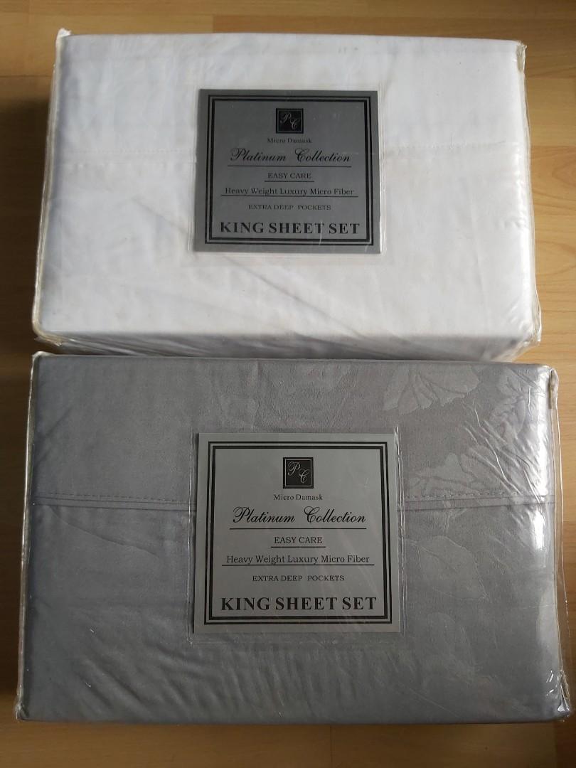 King Size Bed 4 Pcs Sheet Set (1 Available) (Category: Bed Frames & Mattresses) located in Marikina City. Submitted by toni.chi (Listing ID 1052885299, Image 1). Description: For sale, brand new (but old stock), never opened King size set, Platinum Collection brand, 100% polyester Php 950 EACH (original price Php 1,895 as seen in the pictures) 1 Set Remaining Available, colors: - White Set (still available) - Gray set (SOLD!) Set Contents: - 1 Fl