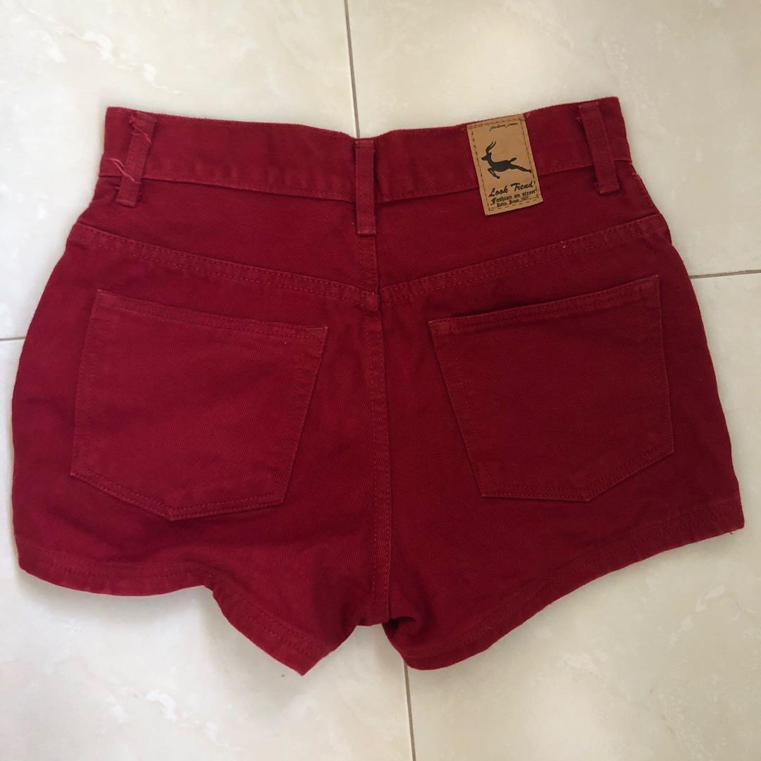Maroon high waisted denim shorts top