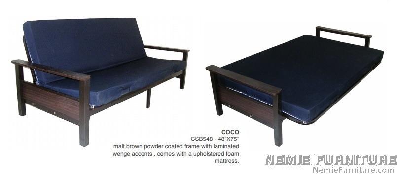 COCO sofa bed (Category: Sofas) located in Quezon City. Submitted by nemiefurniture (Listing ID 1054991359, Image 1). Description: sofa bed with metal frame 48" x 75" color: brown frame, mattress cover may vary in color https://nemiefurniture.com Prices negotiable .