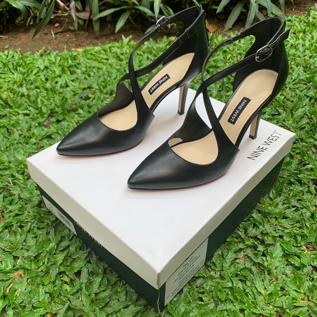 NINE WEST STRAPPY PUMP HEELS WN FAYLA BLACK LEATHER ORIGINAL