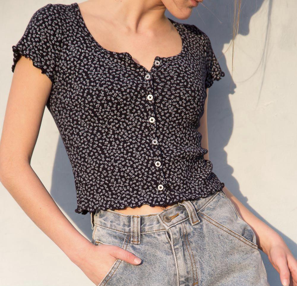 navy blue ruffle top