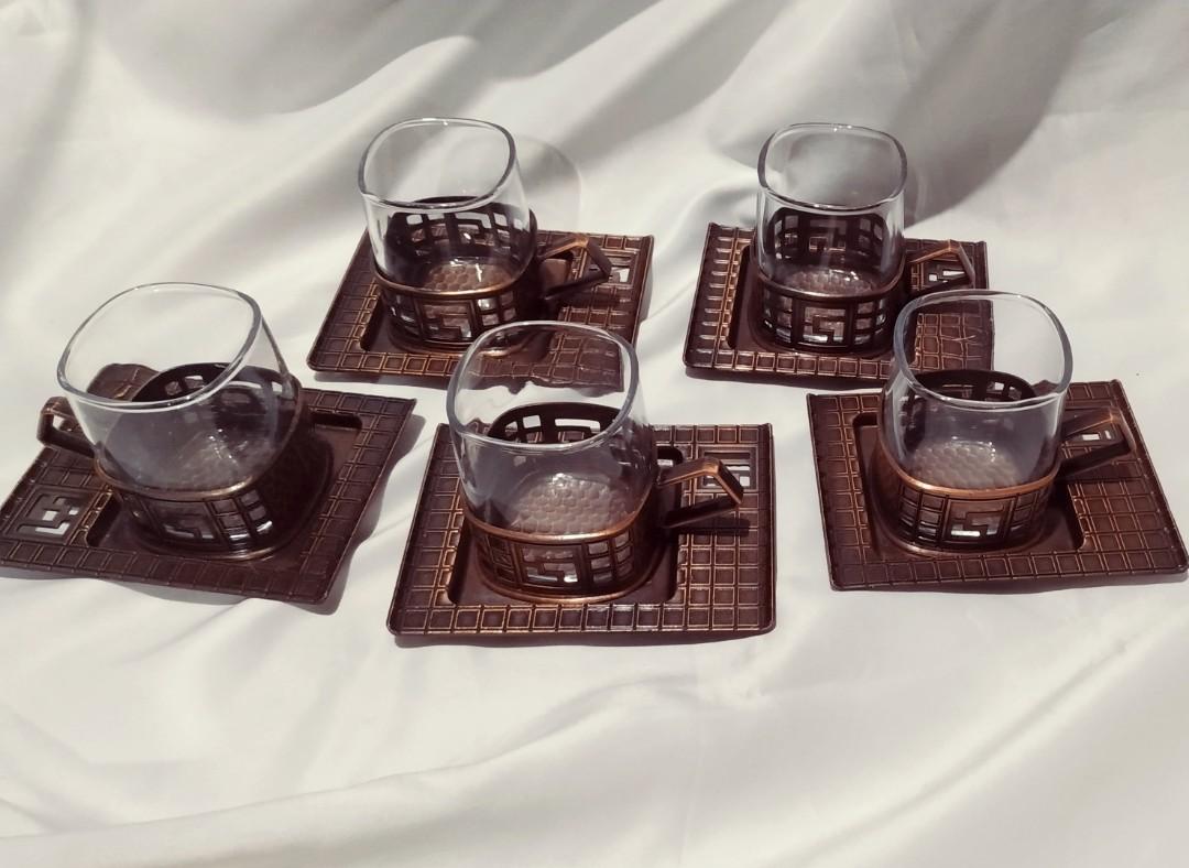 Cup and saucer (Category: Other Kitchenware & Tableware) located in Pasig City. Submitted by don200 (Listing ID 1055377214, Image 1). Description: Code: L145 👉Twin Bird Galaxy Glass cup in copper coated metal holder and saucer 5 pcs duos 🔎New.