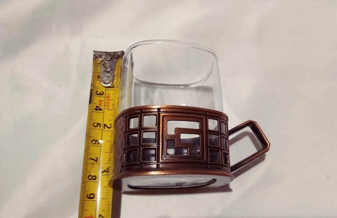 Cup and saucer (Category: Other Kitchenware & Tableware) located in Pasig City. Submitted by don200 (Listing ID 1055377214, Image 3). Description: Code: L145 👉Twin Bird Galaxy Glass cup in copper coated metal holder and saucer 5 pcs duos 🔎New.