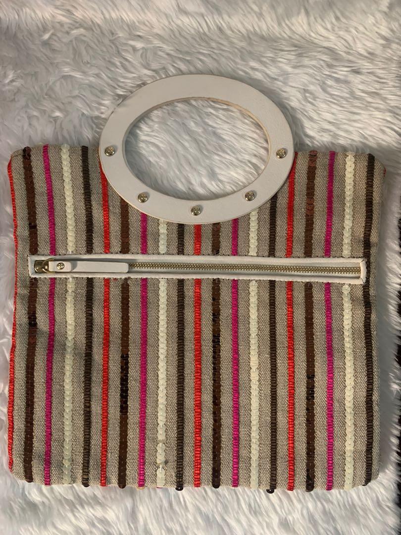 Kate Spade Handbag/Clutch Bag (Category: Luxury Bags & Wallets) located in Muntinlupa City. Submitted by mc_shopgram (Listing ID 1055354912, Image 3). Description: 💯 Authentic. Excellent condition. Brand: Kate Spade Size: 9.75 in. (height) x 10.5 in. (width); bag handle loop size - 3 in. Beige canvas clutch bag/handbag with white top handle, multicolored sequins, exterior zip pocket, polka dot interior cloth lining, interior small pockets. Can b