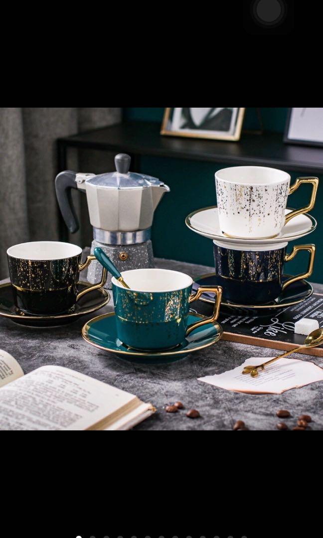 Nordic Golden Coffee Cup Set (Category: Coffee & Tea Tableware) located in Taguig. Submitted by endlessbliss_ph (Listing ID 1055255294, Image 2). Description: Set includes a saucer, spoon and cup. Available colors:white,black,green &blue . Swipe left for exact measurements. FOR PRE-ORDER 5-12 days ETA, usually arrives earlier.