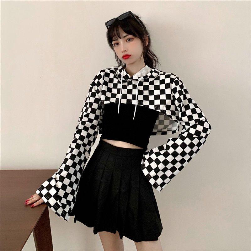 Checkerboard cropped hoodie hotsell