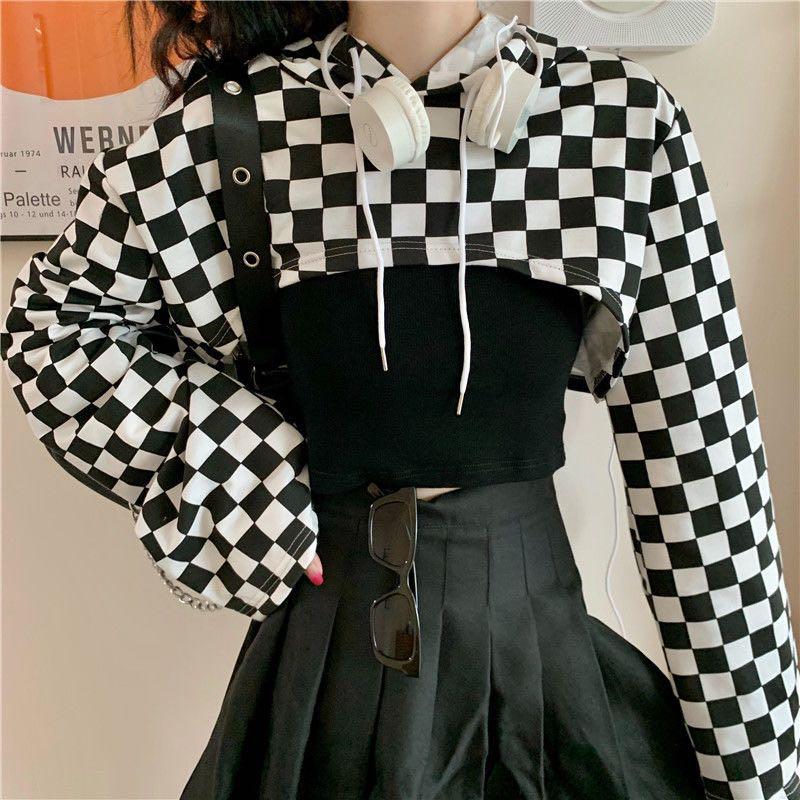 Ulzzang checkered crop top cropped pullover sweater Korean oversized outerwear long sleeve top blouse cropped hoodie