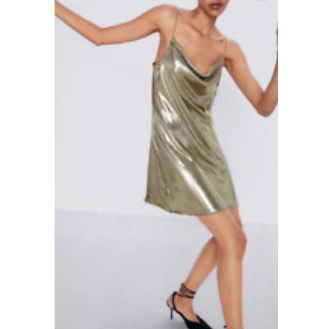 Zara Champagne Gold Cowl Neck Lame Slip Dress, Women'S Fashion, Tops,  Sleeveless On Carousell