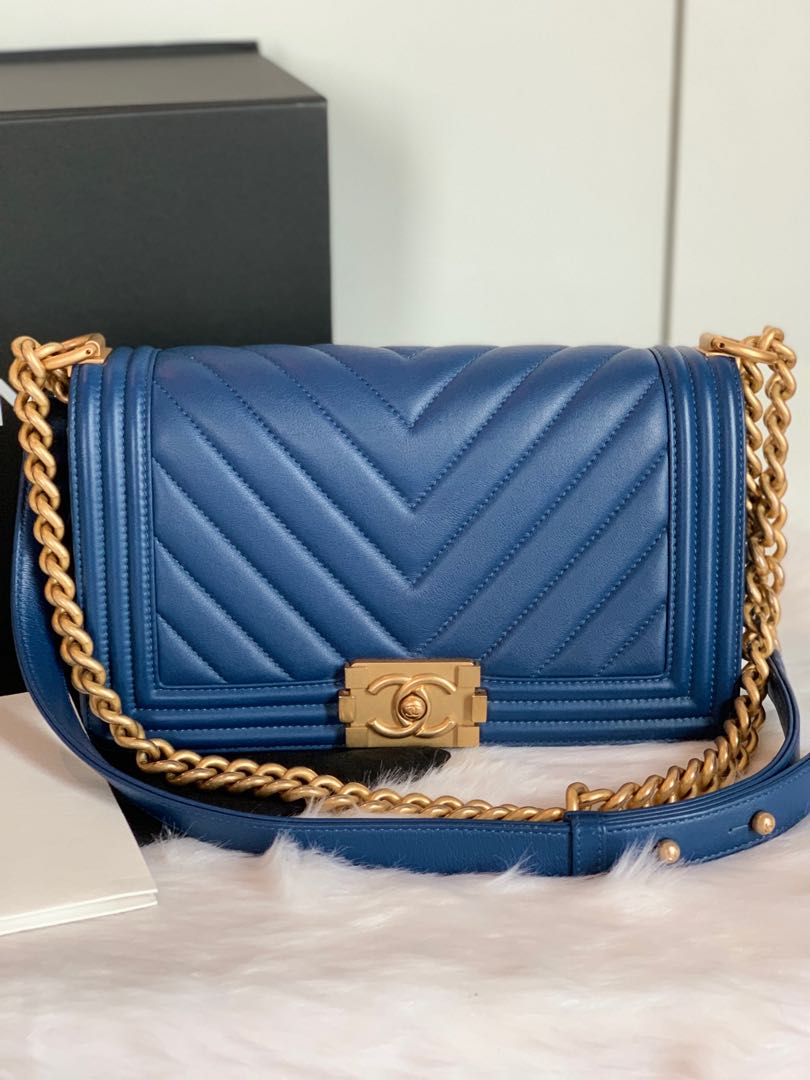 Authentic Chanel Leboy Old Medium Chevron Calfskin In Blue Ghw, Luxury,  Bags & Wallets On Carousell