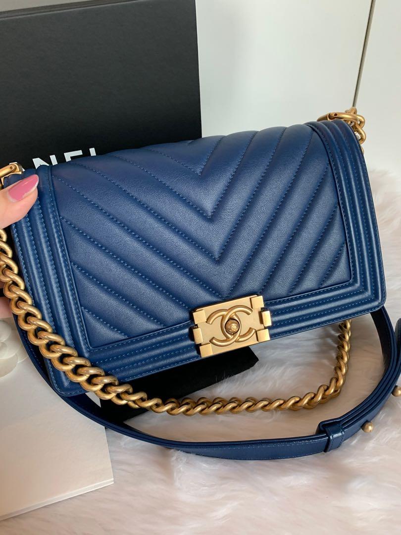 Authentic Chanel Leboy Old Medium Chevron Calfskin In Blue Ghw, Luxury,  Bags & Wallets On Carousell
