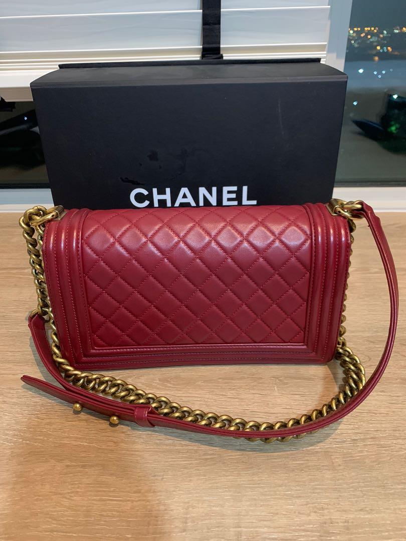 Preloved Red Chanel boy with gold hardware medium flap bag