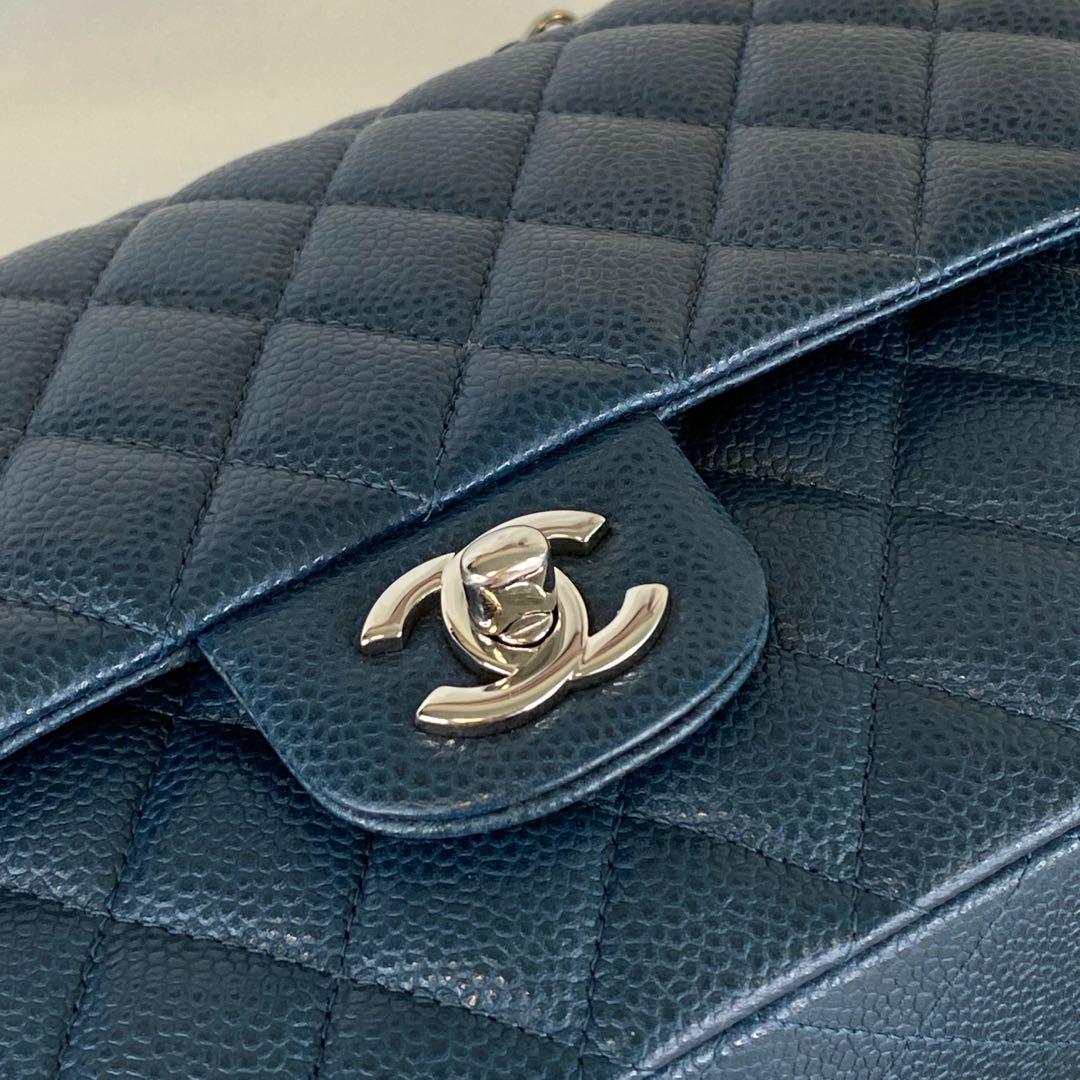 Chanel caviar classic double flap bag in dusty blue and silver hardware