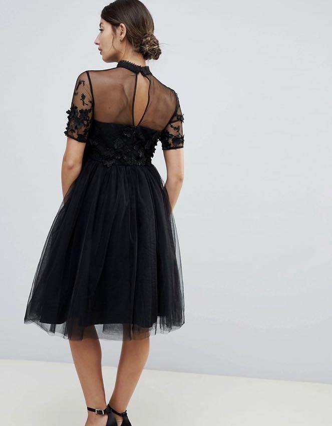 Chi Chi London Maternity high neck tulle midi dress with floral applique