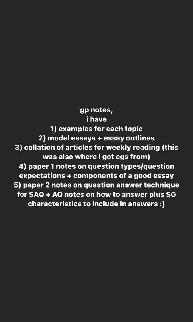 GP notes (Category: Assessment Books) located in Singapore. Submitted by apreecots (Listing ID 1055566608, Image 1). Description: Comprehensive set of GP notes which allowed me to consistently do well for the subject :) will email u the package, pm to know more!.