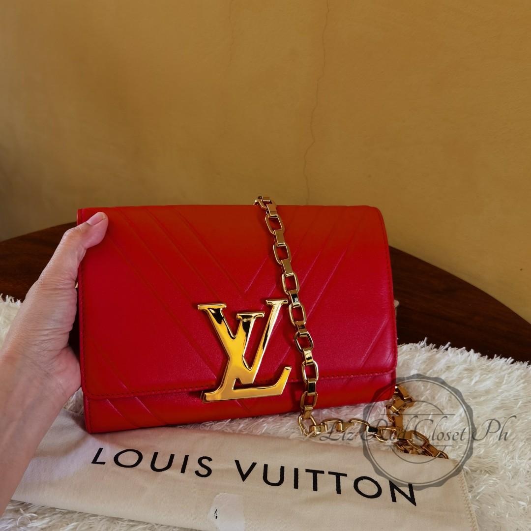 ON HAND: Louis Vuitton Red Leather Airy V Pochette Louise Chain Strap Bag,  Women's Fashion, Bags & Wallets, Purses & Pouches on Carousell