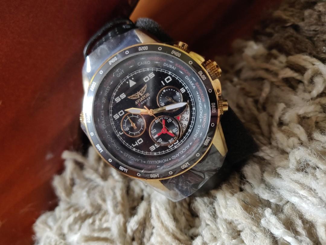 AVIATOR Watch Men s Military Quartz Pilot Chronograph Black Leather Strap Wristwatch F Series