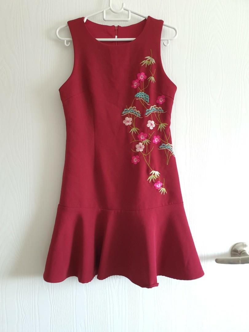 Red Floral Embroidery Dress