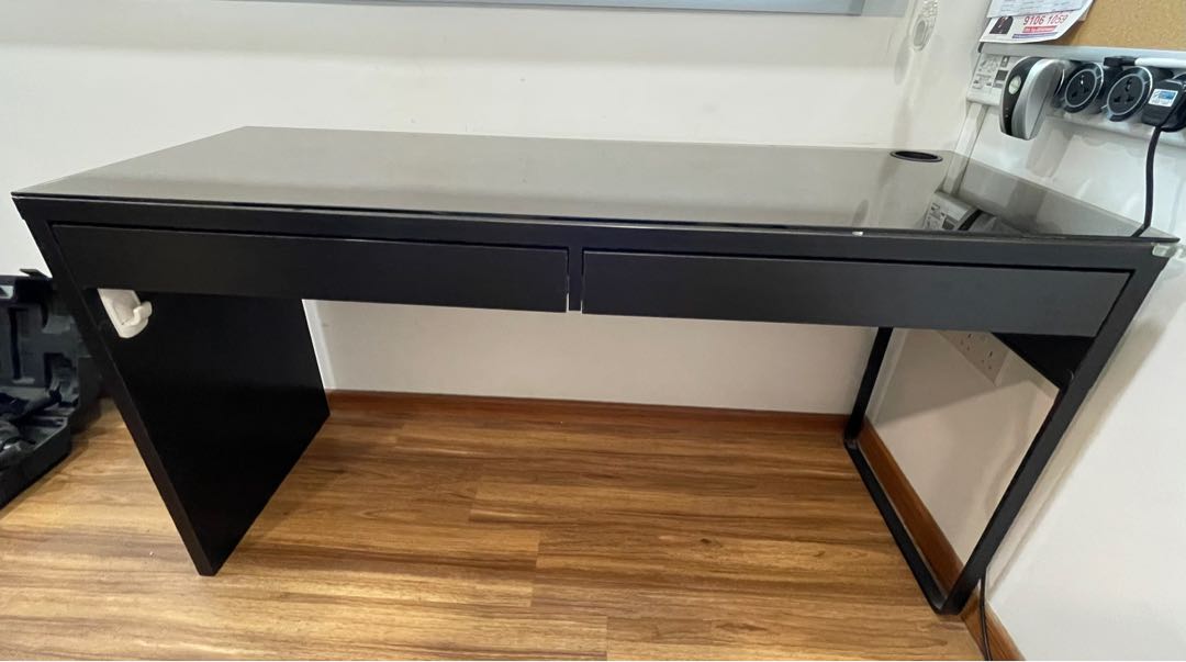 Ikea Micke Study/ Office Desk with Customised Glass Top, Furniture