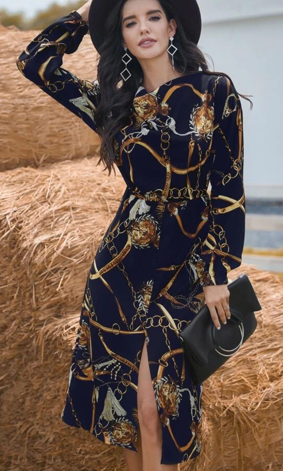 Chain Prints Longsleeve Front Slit Midi Dress SHEIN Women s