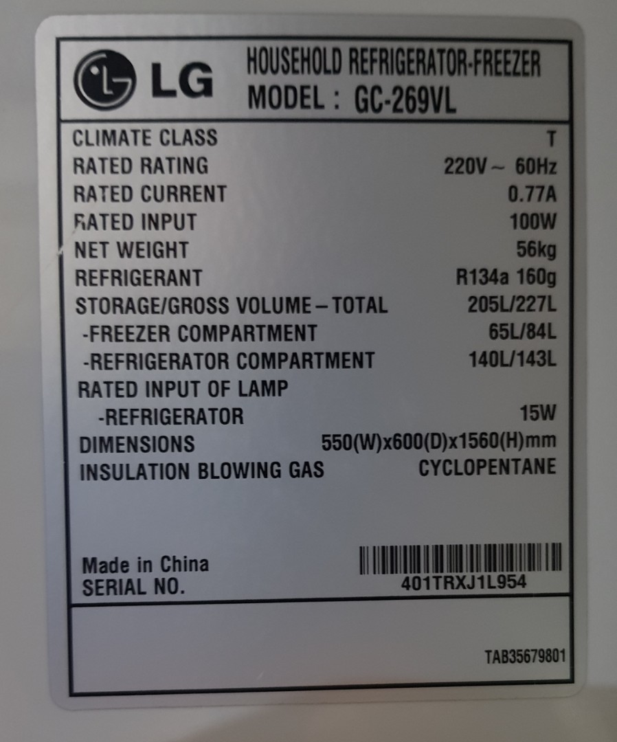 For Sale LG GC269VL Bottom Freezer Refrigerator, TV & Home Appliances, Kitchen Appliances