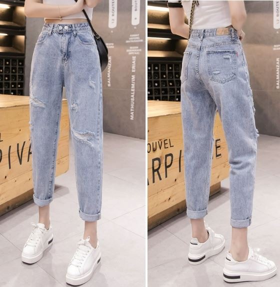 High Waist Ripped Jeans (cute korean style) Size S, Women's