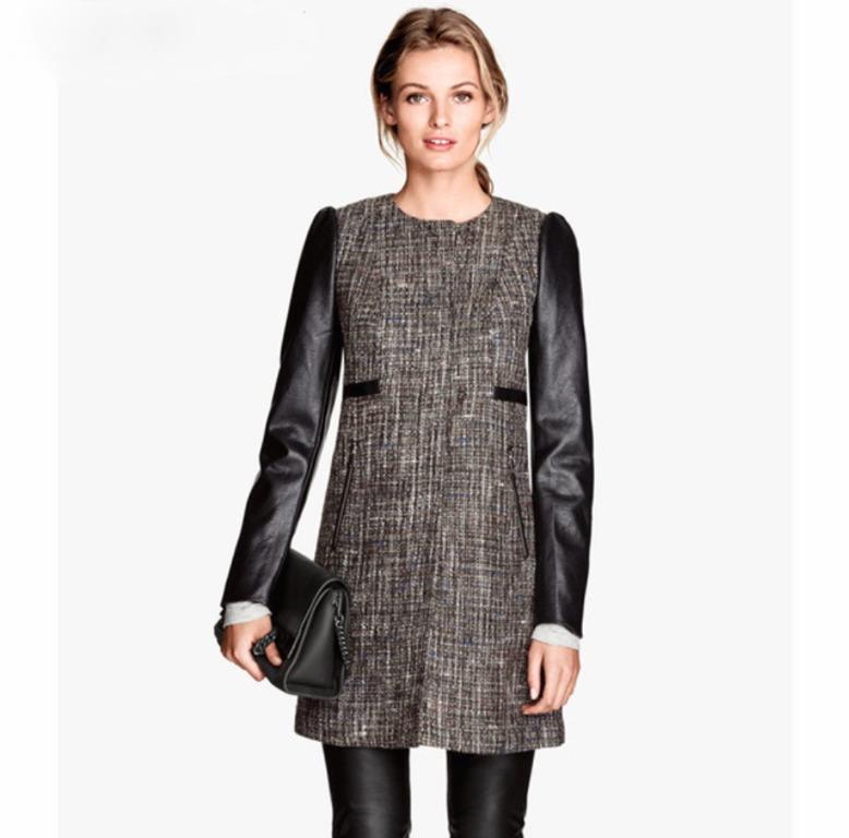 Tweed coat with leather sleeves discount