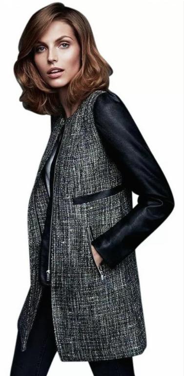 Tweed coat with leather sleeves cheap
