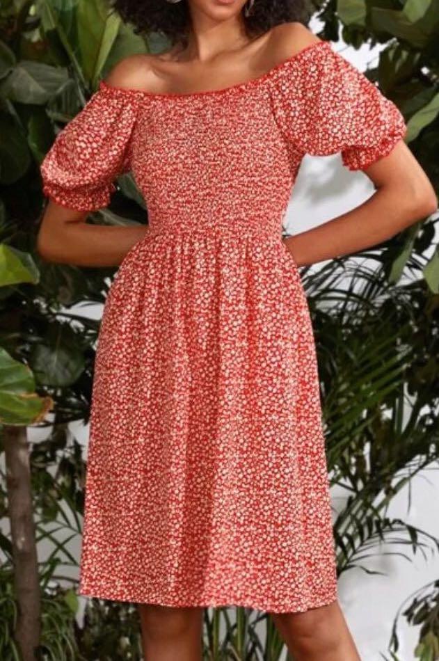 Offshoulder Puffsleeve Floral Red Dress