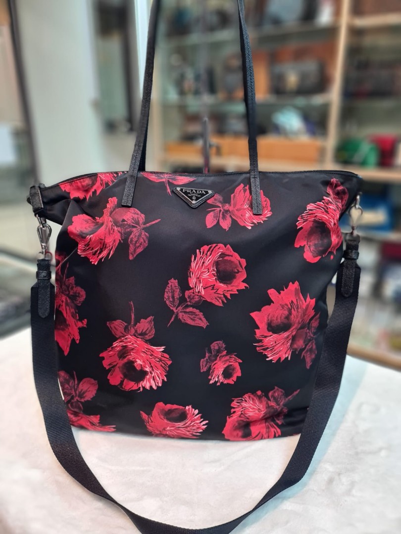 Prada Red Floral Tessuto Tote, Luxury, Bags & Wallets on Carousell