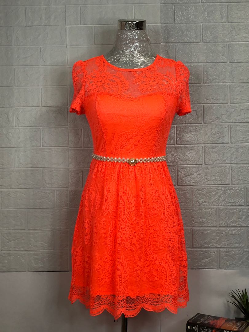 TOPSHOP NEON ORANGE LACE SEMI MINI DRESS Women s Fashion Dresses Sets Dresses on Carousell