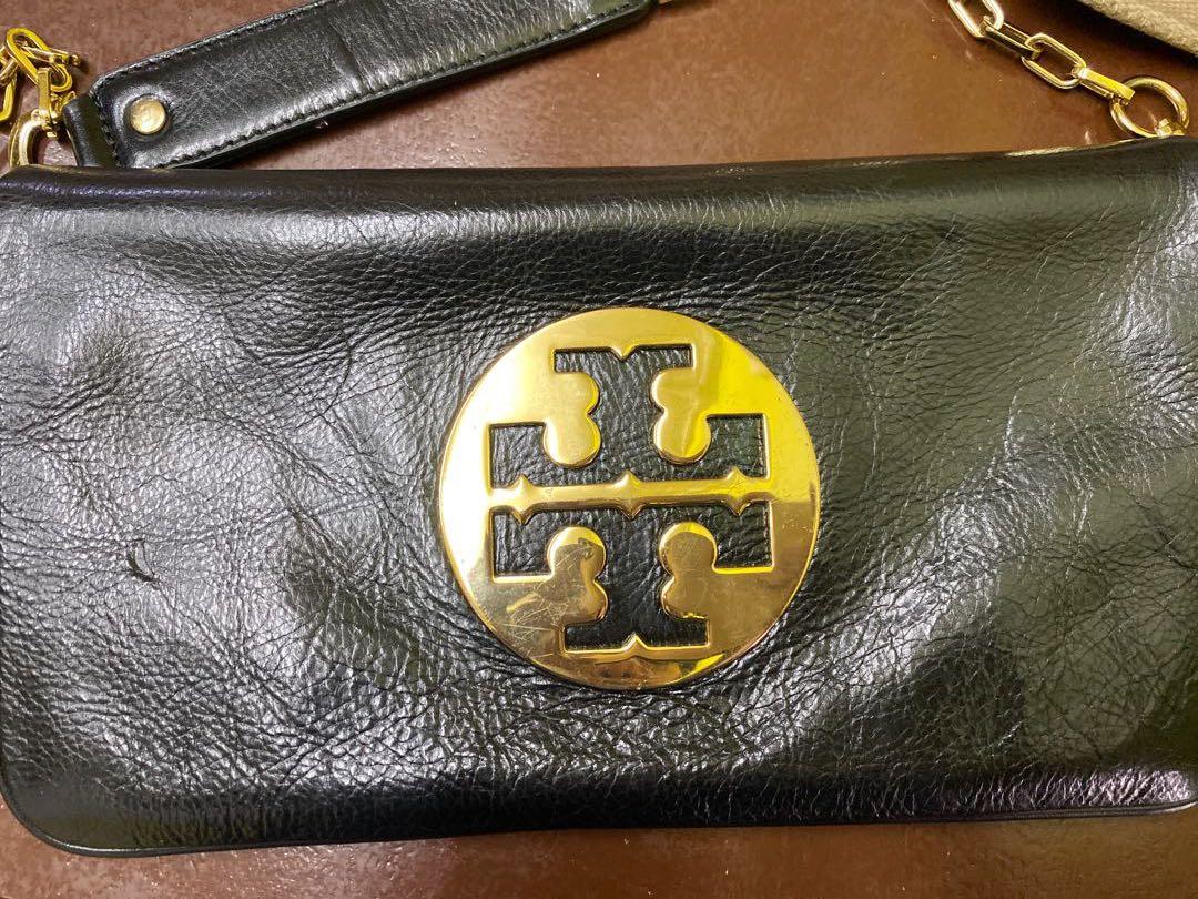 💯 Authentic Tory Burch Black Leather Reva Flap Clutch, Luxury, Bags &  Wallets on Carousell