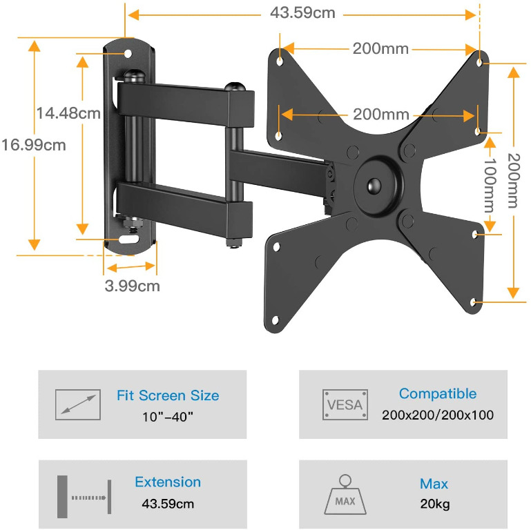 TV Wall Bracket, Swivels Tilts Extends Rotates TV Wall Mount for 1040
