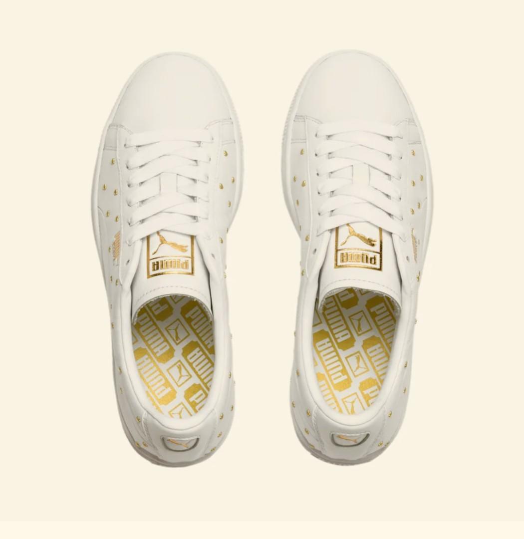 AUTHENTIC BNIB Puma Basket Studs in White Gold Women s Fashion