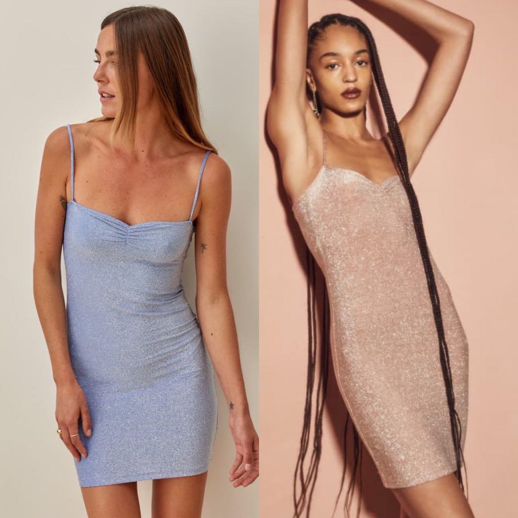 Reformation Kyla Mini Bodycon Dress Authentic in Sky Blue Taupe Sparkle Women s Fashion Dresses Sets Dresses on Carousell