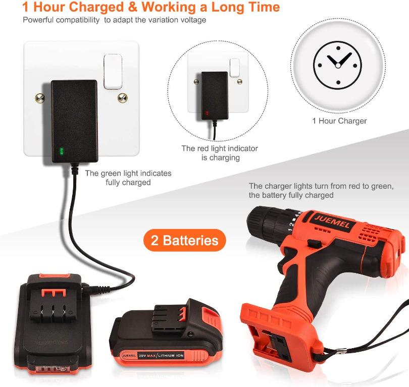 FreeDelivery Cordless Drill with 2 Batteries JUEMEL 20V Power Drill Electric Screwdriver Drill Set 2 Battery 1500mAh Charger 18 1 Clutch 2 Variable Speed 3 8inch Chuck for DIY Project