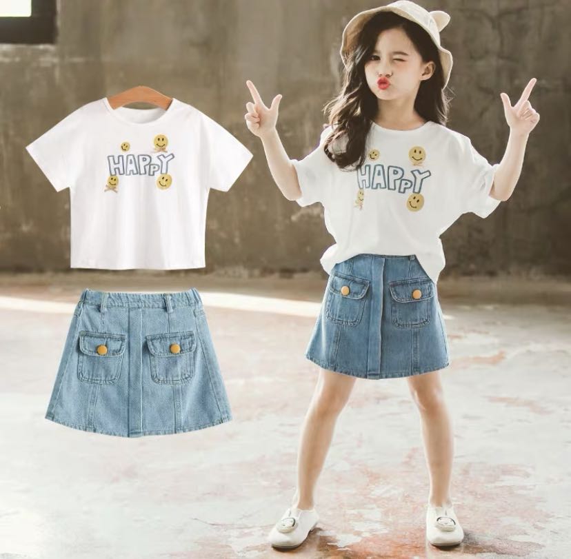 NEW 2 sets bundle Girl Top with denim skirt Kids work pants
